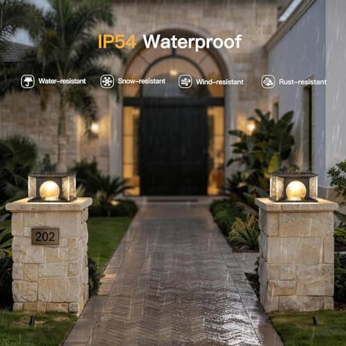 MVBT Large Solar Post Lights Outdoor, 11.8" Glass Column Lights Outside, Post Lights Solar Powered, Modern Pillar Light Waterproof, Dusk to Dawn Lantern Column Lamp for Patio Gate Driveway Pathway - Thumbnail 6