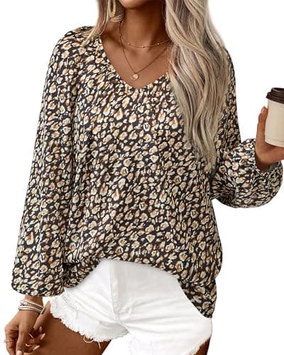 Zenlonr Womens Fall Tops Dressy Casual 2025 V Neck Satin Silk Printed Shirts Boho Long Sleeve Work Blouses(Black Leopard,XX-Large) - Image 1