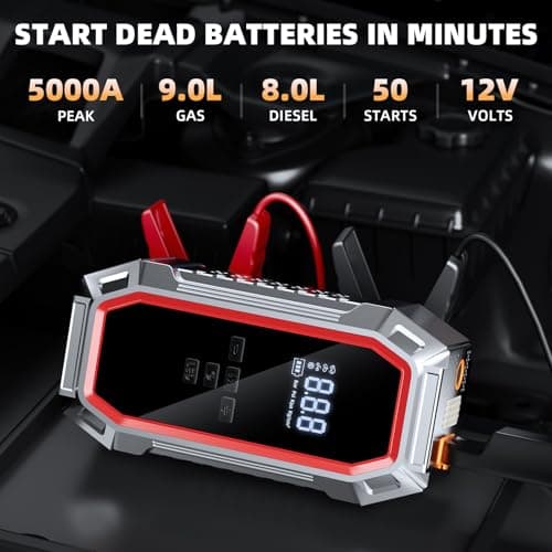 Jump Starter with Air Compressor, 5000A Peak Car Battery Jump Starter(9.0 Gas/8.0L Diesel), 160PSI 12V Jump Box Car Battery Jumper Starter Portable with Smart Jumper Cables, LED Lights, LCD Display - Thumbnail 2