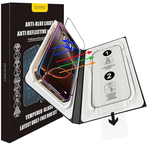 JESOHO Screen Protector for iPhone 16 Pro Max Blue Light Block, Anti-Reflective Shatterproof HD Tempered Glass with Easy Installation Tray,Touch Sensitive, 9H, Anti-Scratch,2 Pack - Image 1
