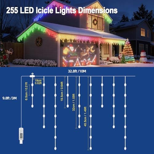 AHAWILL Icicle Lights for Outside,33ft Christmas Lights Outdoor with Dimmable 255LED,IP65 Waterproof,USB Plug in Curtain String Lights with DIY Scene Modes for Party,Roof,Halloween Decor(Multicolor) - Thumbnail 6