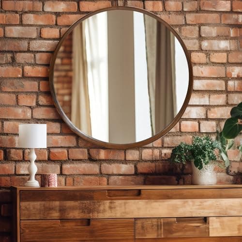 FRUMENSHIP Brown Wood Round Mirror, 24 Inch - Perfect for Bathroom or Nursery Wall Decor - Image 1
