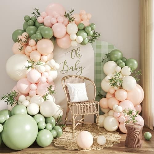 Sage Green Pink Balloon Arch kit,124Pcs Pastel Pink Green Sand White Peach Balloon Arch Graland Kit for Baby Shower Wedding Bridal Birthday Gender Reveal Party Decorations - Image 1