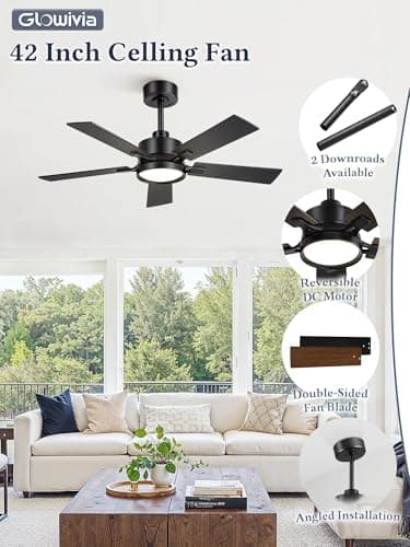 Glowivia 42 Inch Ceiling Fan with Lights and Remote, Smart APP Control, Dimmable with All-Setting Memory, Quiet DC Motor Reversible Blades, Damp Rated Modern Ceiling Fan for Bedroom Patio Living Room - Thumbnail 5