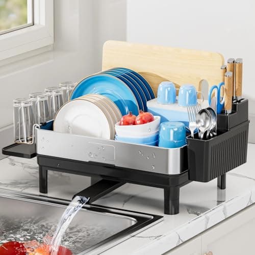 Ewaiira Dish Drying Rack, 304 Stainless Steel Dish Racks for Kitchen Counter, Dish Drainers with Automatic Drainage, Utensil Holder & Cups Holder, Space Saving Kitchen Organizer, Black 16.5''x12.6'' - Image 1