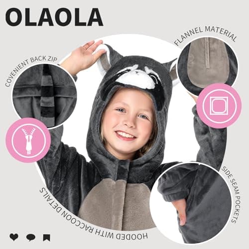 OLAOLA Raccoon Kids Onesie, Thanksgiving Unisex Animal Onesies, Plush Cosplay Pajamas for Girls Boys, One Piece Sleepwear Halloween Costume - Thumbnail 6
