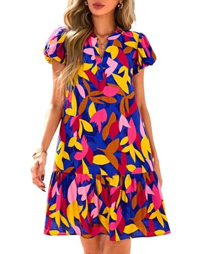 dowerme Womens Summer Dresses 2026 Puffy Sleeve V Neck Loose Floral Print A Line Boho Mini Babydoll Dress with Pockets(Blue Floral,XX-Large)