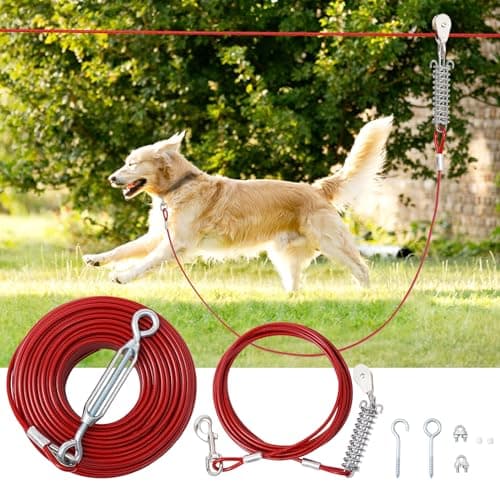 LUFFWELL 200FT Dog Runner for Yard with 15FT Tie Out Cable - Heavy Duty Dog Run Cable for Large Dogs Up to 250LBS, Backyard/Park/Camping Use (Red, 200FT+15FT)