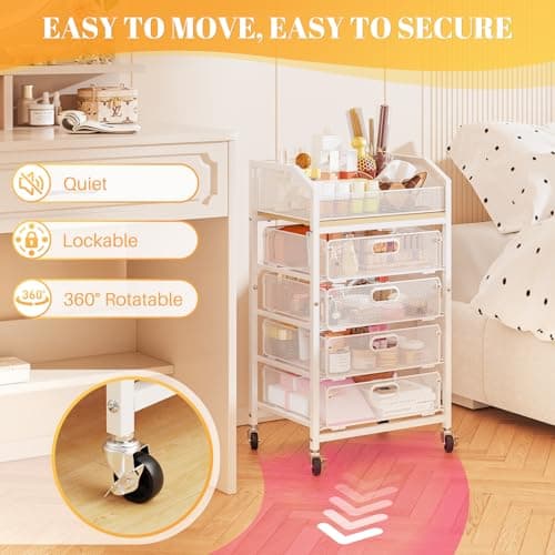 SUNALLY Makeup Organizer Cart with 4 Drawers, Rolling Makeup Storage Cart Metal Skincare Organizers, Large Vanity Storage Organizer Cosmetics Display Cases for Skin Care Perfume Nail Polish, White - Thumbnail 6