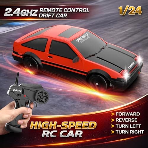 Remote Control Car RC Drift 2.4GHz 1:24 Scale 4WD 15KM/H High Speed Model Vehicle with LED Lights Drifting Tire Racing Sport Toy for Adults Boys Girls Kids Gift 2Pcs Rechargeable Batteries - Thumbnail 2