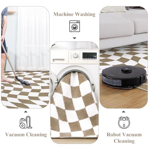 Yamaziot 8x10 Large Checkered Area Rug, Non-Slip Soft Washable Living Room Rug with Rubber Backing, Low Pile Rug Floor Carpet for Dinning Room, Bedroom, Beige Brown - Thumbnail 3
