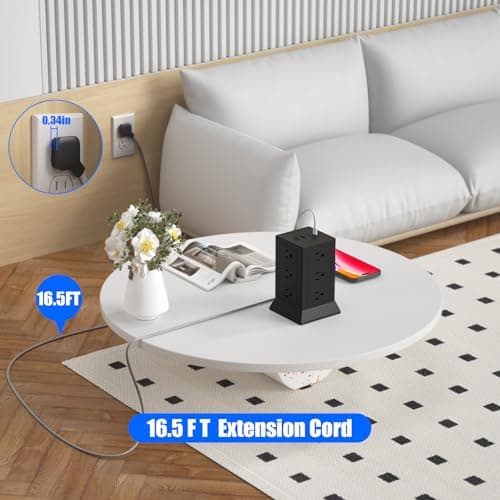 Power Strip Tower with Multiple Outlets 16.5 Ft Extension Cord Flat Plug with 12 AC Outlets 4 USB Ports (2 USB C), Power Tower Surge Protector with Individual Switches for Home Office Dorm Room, Black - Thumbnail 2