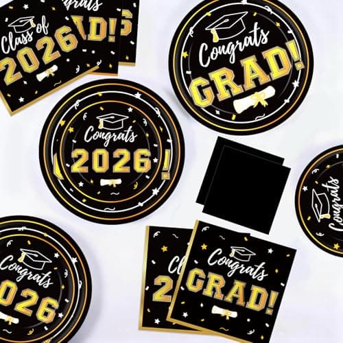 Graduation Decorations 2026 Class of 2026 Congrats Grad Disposable Paper Plates Luncheon Napkins Cocktail Napkins Black Gold Graduation Party Supplies Serve 50 - Thumbnail 2