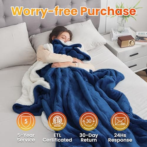 WOOMER Electric Heated Blanket, Soft Flannel Fast Heated Throw Blanket with Multi-Color Option, Twin Size 62"x 84", 10 Heating Levels & 0.5-12H Auto Off, Over-Heat Protection - Thumbnail 6