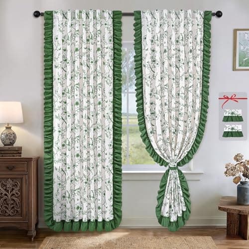 Yinhua Green Floral Curtains for Living Room 84 Inch Length French Country Bedroom Curtains with Ruffle Tieback, Linen Light Filtering Window Curtain Rod Pocket Back Tab Drapes, 52"W x 84"L, 2 Panels - Image 1