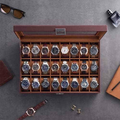 ProCase Watch Box for Men, 24 Slot Display Case with Real Glass Lid and Removable Pillows. Premium Storage Holder Organizer, Gift for Dad & Father's Day & Watch Collectors -Dark Brown - Thumbnail 5