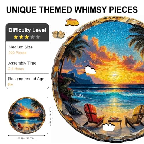 Wooden Puzzle for Adults, Sunset Beach Wooden Jigsaw Puzzle, Unique Shape Wooden Puzzles 200 Large Pieces, Challenging Outdoor Nature Scene Jigsaw Puzzles, Beatiful Artwork Wall Decor 11 * 10.9in - Thumbnail 2