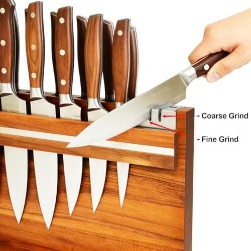 Large Magnetic Knife Holder - 14.5 x 11" Double-Sided Acacia Wood Block with Built-in Sharpener, Holds 14+ Knives, Premium Kitchen Counter Organizer for Professional Chefs - Thumbnail 4