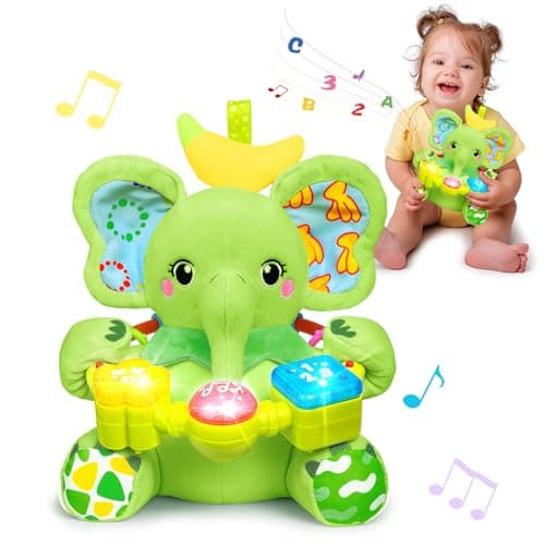 Holaxander Baby Elephant Musical Stuffed Animals Toy with Light-Up Music & Crinkle Sound Paper,Infant Bilingual Early Learning Education Toys,Tummy Time Toys for 0-3-6-12+ Months Boy Girl, Green - Image 1