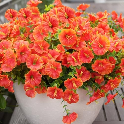 maxkes Artificial Flowers for Outdoors, UV Resistant Fake Silk Morning Glory, Realistic Faux Plants for Outside Porch Patio Window Box Hanging Planter (16, Orange) - Thumbnail 2