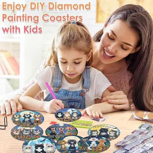 ijbnhd Cat Diamond Painting Coasters Kits, 8 Pieces Cat Diamond Art Coasters with Holder, DIY Art kit for Beginners 4X4inch (Cork Wooden Pad) - Thumbnail 5