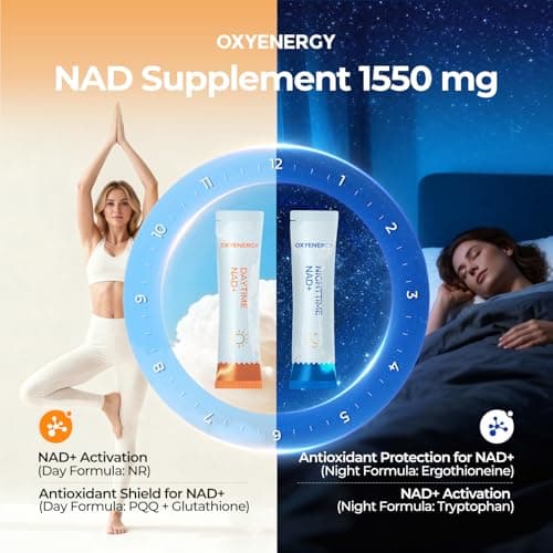 OxyEnergy NAD Supplement 1550 mg-Daytime Nicotinamide Riboside + Nighttime L-Tryptophan with Resveratrol, Glutathione, PQQ, 24-Hour Nonstop Energy, Anti-Aging & Cellular Renewal, 28 Packets - Thumbnail 4