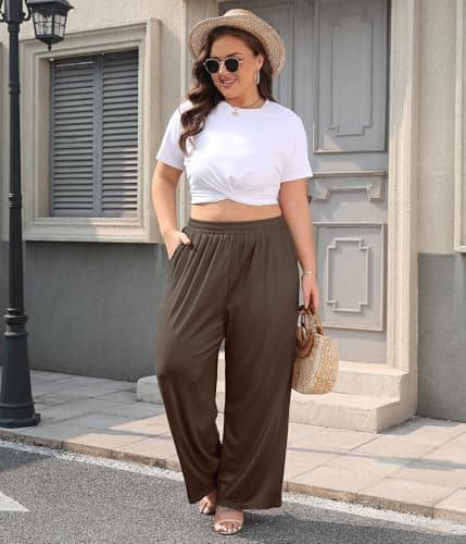 Lastshe Plus Size Comfy Lounge Pants for Women Wide Leg Stretchy Knit Pull On Trousers High Waist Travel Yoga,Chocolate Brown,4X - Thumbnail 3
