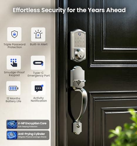 Veise VE017-H Fingerprint Smart Front Door Lock Set, App Control, 8-in-1 Keyless Entry Deadbolt with Zinc Alloy Handles, Emergency Power Port, Touchscreen Keypad, Auto Lock, Easy Install, Satin Nickel - Thumbnail 6