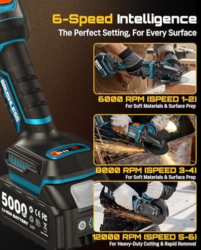 SEESII Flathead Brushless Angle Grinder, 5.0Ah Battery and Fast Charger, Drop Protection, 21V 6 Variable Speed Cordless Grinder Kit 4-1/2 to 5" Cut Off Tool for Metal Cutting, Auto Body, DIY - Thumbnail 5