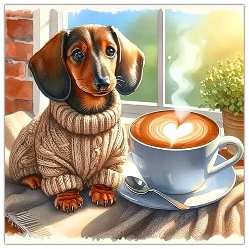 Lophomie Diamond Art Kits for Adults, 5D DIY Coffee and Dachshund Dog Diamond Painting Kits for Beginners, Full Drill Round Gem Art for Adults Home Wall Decor 14x14in