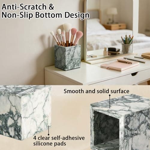 Natural Marble Toothbrush Holder: Pen Holder - Makeup Brush Holder - Marble Organizer for Vanity- Cup for Bathroom - Office & Home Countertop Organizer - Cyan Green - Thumbnail 3