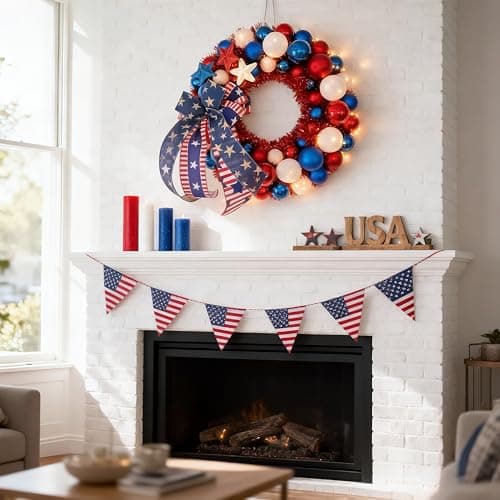 HipTree 16 Inch Patriotic Ball Wreath for Front Door with Lights, 4th of July Wreath with Red White Blue Stars & Ribbon for Memorial Day, Independence Day,Veterans Day, Flag Day,Summer Decorations - Thumbnail 4