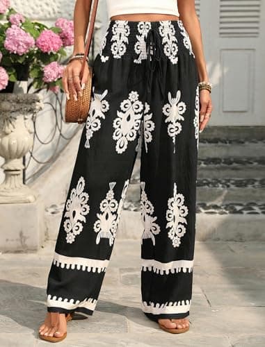 ZAFUL Boho Pants for Women Floral High Waisted Wide Leg Palazzo Pants Summer Trendy Casual Lounge Pants Women Vacation Black S - Thumbnail 3