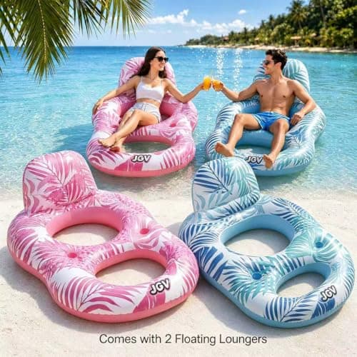 JGV Pool Floats Lounger, 2-Pack Inflatable Chair Lounger Floaties with Drink Holder, Inflatables Water Floating Rafts for Swimming Pool Tanning, Pool Party, Summertime Beach Outdoor - Multicolor - Thumbnail 2