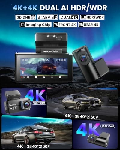 4K+4K Dash Cam Front and Rear, Sarmert C4 Dash Cam Free 128GB Card Included, Built-in GPS and 5G WiFi, HDR Night Vision, WDR Dash Camera for Cars, App, 24H Parking Mode - Thumbnail 2