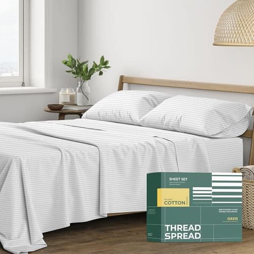 THREAD SPREAD 100% Organic Cotton Sheets California King Size - Organic Cotton Cal King Size Percale Sheet Set (4 PC, Light Grey Pinstripe), Soft, Cooling & Crisp, 16" Deep Pocket Hotel Bedding Set - Image 1