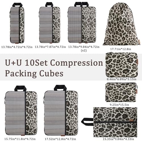 U+U 10 Set Compression Packing Cubes - Ultralight Leopard Travel Organizers with Laundry Bag, Space-Saving Suitcase Organizer, Expandable Packing Cubes for Travel and Family Vacation (Leopard) - Thumbnail 6