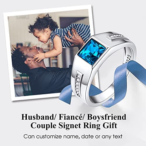 Bestyle White Gold Vermeil Sterling Silver Rings Classic Simple Men Cubic Zirconia Band Blue Topaz Finger Ring Sterling Silver Wedding Band Engagement Promise Rings for Father Husband Son Size 13 - Thumbnail 4