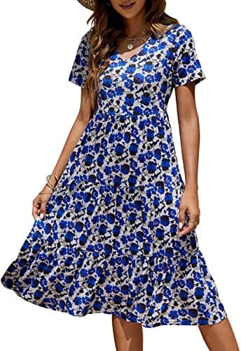 Berydress Women's Summer Casual Tiered Midi Dress Short Sleeve V-Neck Bohemian Flowy Floral Sun Dresses (S, 6175-RB Flowers) - Image 1