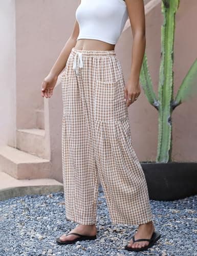 LOMON Women's Linen Pants Casual Loose Palazzo Harem Pants Wide Leg Pants Drawstring Travel Beach Pants(Orange and White Plaid,M) - Thumbnail 2