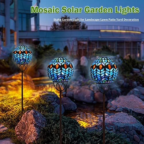 VCUTEKA Solar Outdoor Lights Garden Decor Mosaic Solar Garden Lights Waterproof Glass Ball LED Pathway Stake Light for Landscape Lawn Patio Yard Decoration 6 inch, Colorful - Thumbnail 4