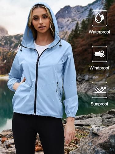 PITINAN Windbreaker Jacket Women Waterproof Jackets For Women Lightweight Packable Womens Rain Jacket With Hood For Golf Hiking Travel Summer Blue XL - Thumbnail 2