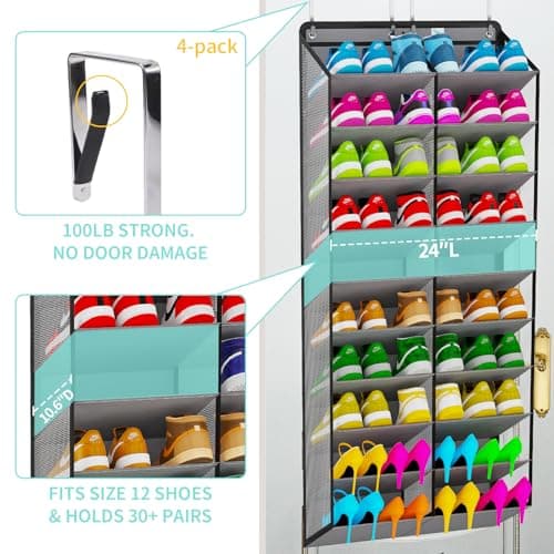 Heavy-Duty, over the door shoe organizer, Extra-Wide Large, shoe organizer, Holds 30 Pairs & Supports 100lbs, shoe rack, with Reinforced Grommets & Bamboo Rods, Fits Men's Size 12 & Boots, Grey - Thumbnail 2