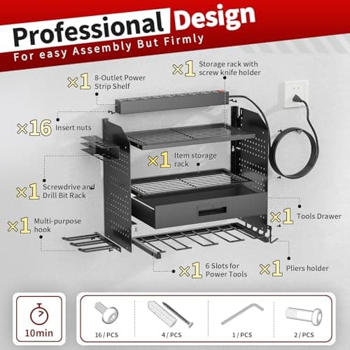 SEENWUUN Power Tool Organizer Wall Mount Heavy Duty 130 lbs, 4 Layers Storage Rack with 6 Drill Holders & Battery Storage, Cordless Tool Organizer for Garage, Workshop & Tool Room - Thumbnail 6