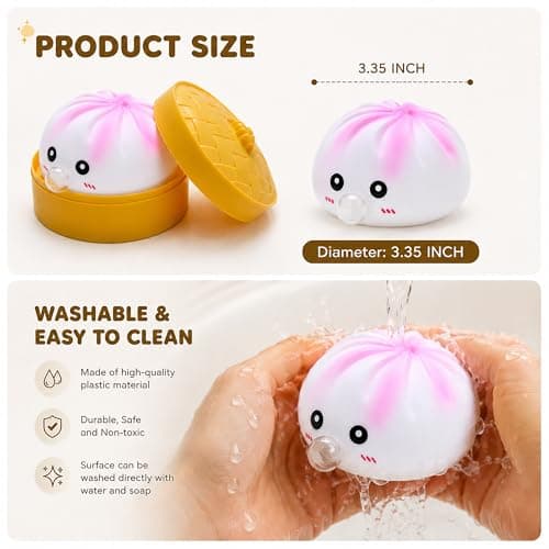 KYLARA Yellow Pink Dumpling Squishies, Mystery Squishies Dumpling Blowing Bubble, Soft Squeeze Desk Toy, Tie Dye Bao Bun with Food Streamer, Cute Fidget Sensory Ball Gift for Stress Anxiety Relief - Thumbnail 5