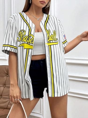 Baseball Shirt Jersey Women Baseball Player T-Shirt Game Day Fan Graphic Tees Button up Short Sleeve White Stripes - Thumbnail 2
