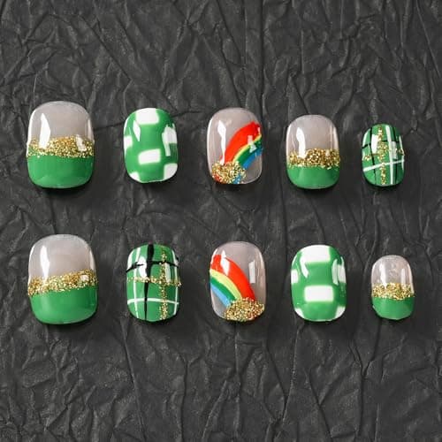 Tesytto St. Patrick’s Day Press On Nails Extra Short Round - Hand-painted Check Designs & Rainbow, Glitter Acrylic False Nails for St. Patrick Party Accessory (Green & Gold Rainbow Starlight, S) - Thumbnail 4