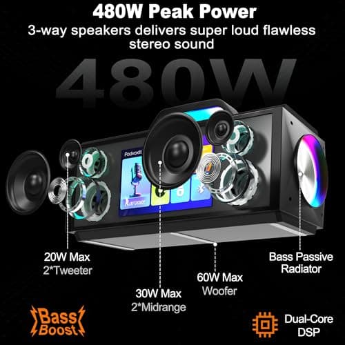 Podvoxlit Smart Karaoke Machine for Adults, with Lyrics Display, 2 Wireless Microphones, 480W Bluetooth Speaker for Party, Portable Karaoke System with Dynamic Lights for Any Occasion - Thumbnail 2