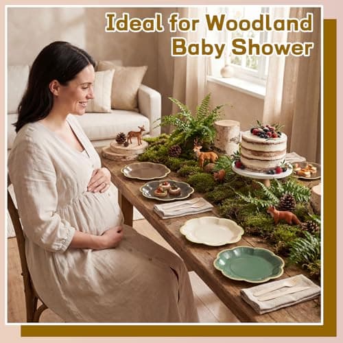 NatNarr 60 Pcs Woodland Baby Shower Party Plates, 7 Inch Scalloped Brown and Sage Green Paper Plates Forest Theme Cake Dessert Plate for Safari Baby Shower Decorations, Birthday - Thumbnail 5