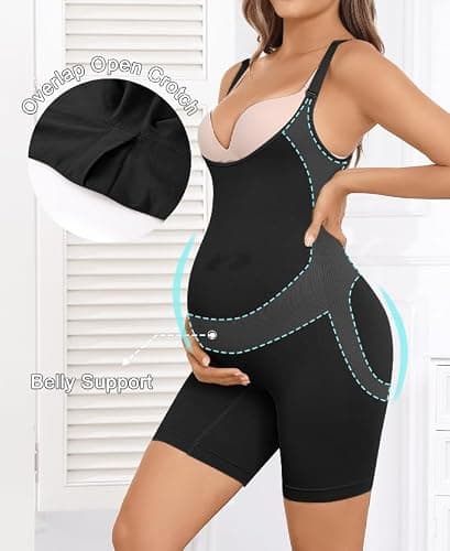 Y25D Women's Maternity Bodysuit Seamless Pregnancy Shapewear Shorts Under Dresses Belly Support Black - Thumbnail 3